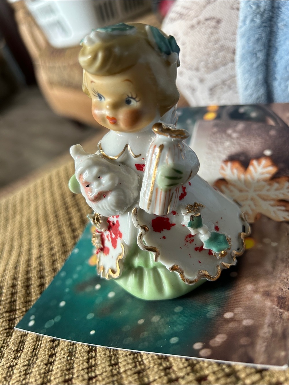Lefton Angle Bell Figurine with Pink Accents and Gold Marking